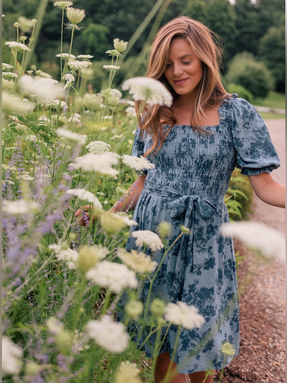 Gal Meets Glam Shiloh Smocked Floral Dress Blue Fox Cottagecore Boho Sundress